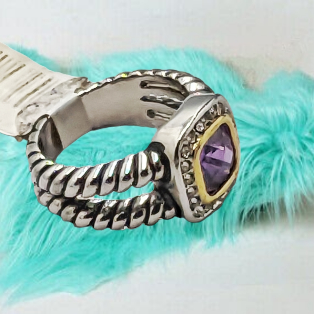Purple CZ Stone Ring w/Dual Braided Band